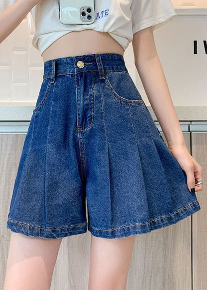 Navy Pockets Denim Cotton Loose Pleated Shorts Summer
