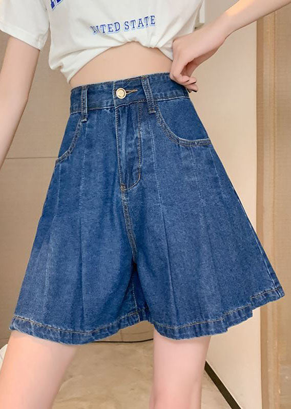Navy Pockets Denim Cotton Loose Pleated Shorts Summer