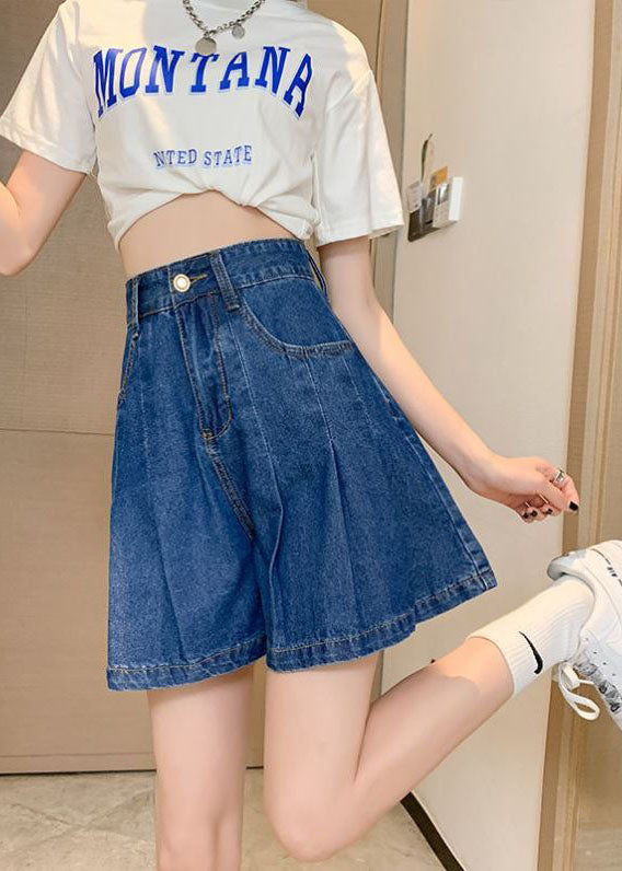 Navy Pockets Denim Cotton Loose Pleated Shorts Summer