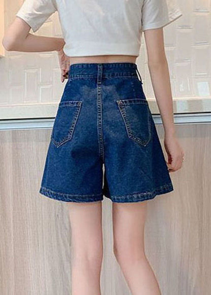 Navy Pockets Denim Cotton Loose Pleated Shorts Summer