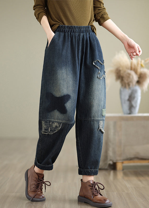 Navy Pockets Elastic Waist Denim Pants Fall