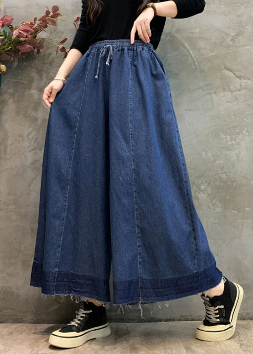 Navy Pockets Elastic Waist Wide Leg Pants Fall