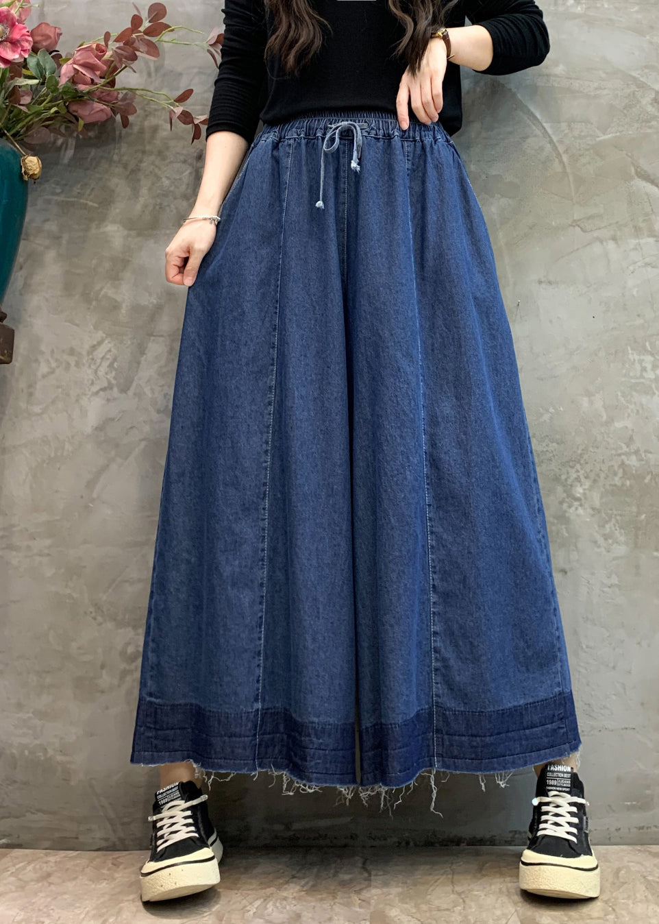 Navy Pockets Elastic Waist Wide Leg Pants Fall