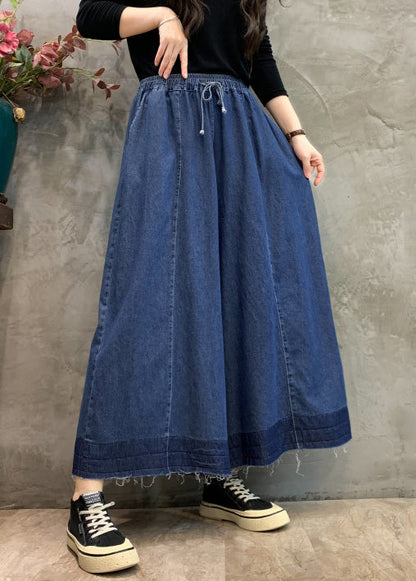 Navy Pockets Elastic Waist Wide Leg Pants Fall