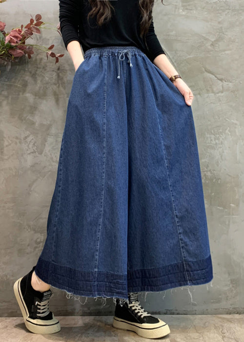 Navy Pockets Elastic Waist Wide Leg Pants Fall