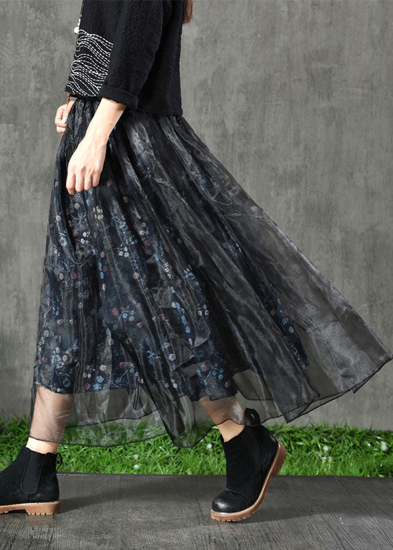 Navy Print Patchwork Fall Organza Skirt