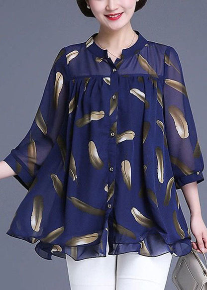 Navy Print Wrinkled Patchwork Chiffon Blouse Tops Summer