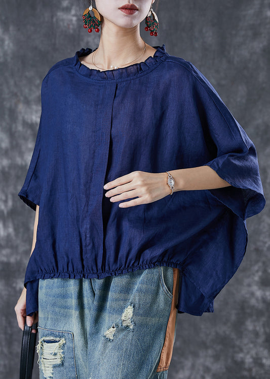 Navy Ruffled Low High Design Linen Top Short Sleeve