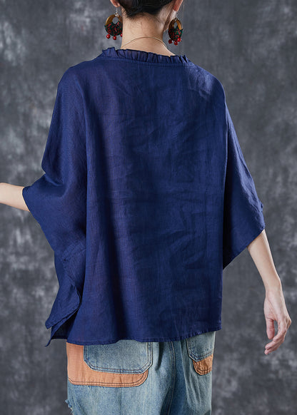 Navy Ruffled Low High Design Linen Top Short Sleeve