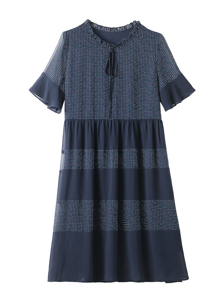 Navy Ruffled Print Chiffon Dress Flare Sleeve