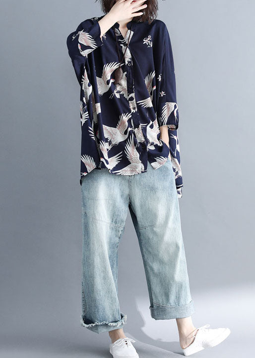 Navy Stand Collar Oversized Print Chiffon Top Batwing Sleeve