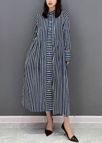 Navy Stand Collar Striped Cotton Shirt Dress Fall