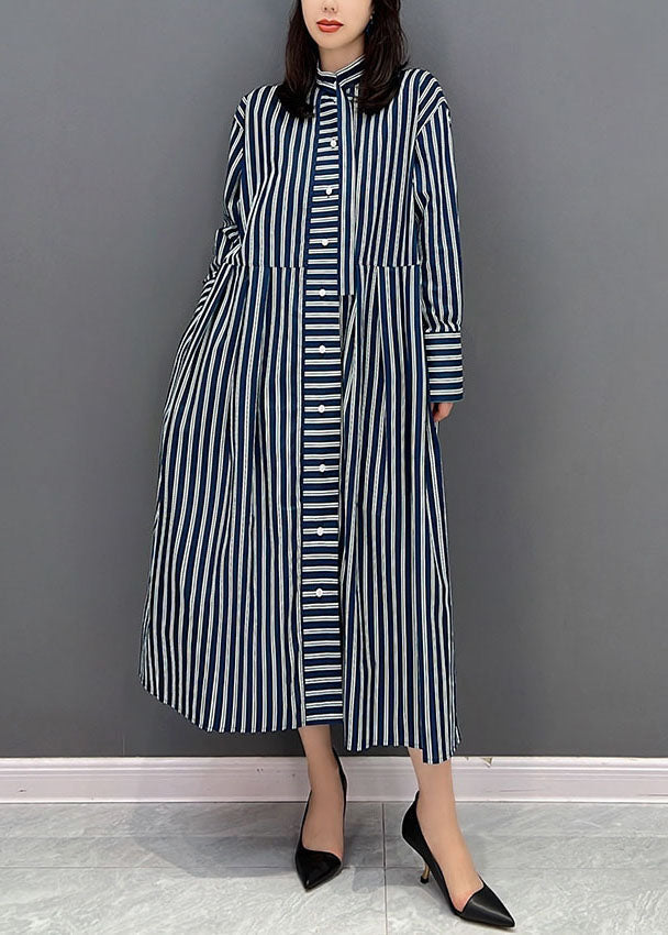 Navy Stand Collar Striped Cotton Shirt Dress Fall