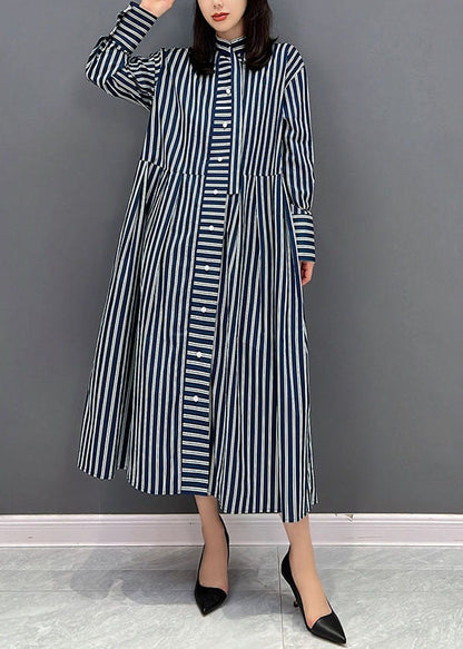 Navy Stand Collar Striped Cotton Shirt Dress Fall