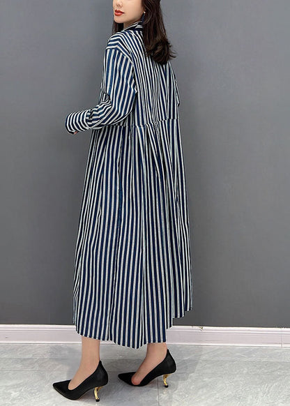 Navy Stand Collar Striped Cotton Shirt Dress Fall