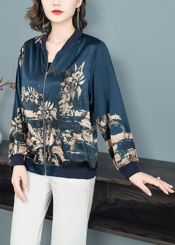 Navy Stand Collar Zip Up Print Silk Coat Outwear Fall