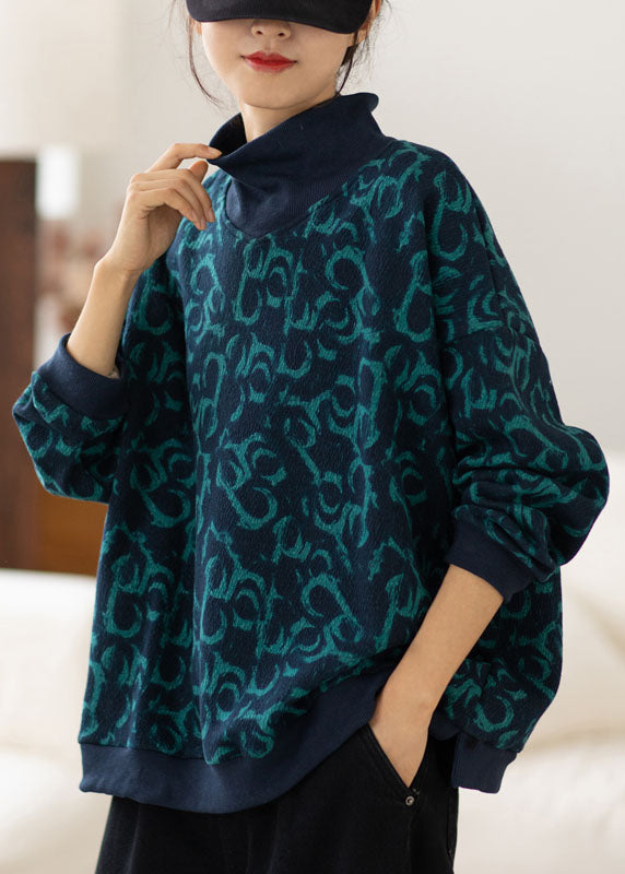 Navy Turtle Neck Print Warm Fleece Sweatshirts Top Spring