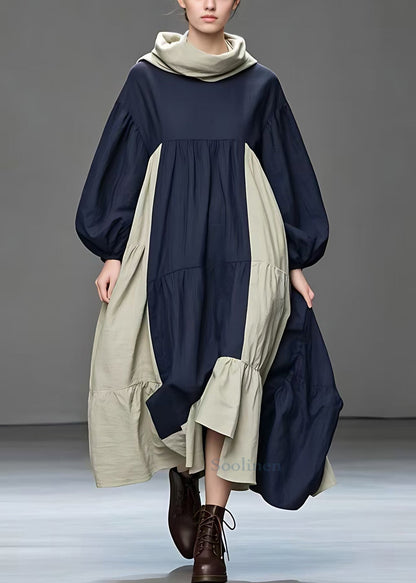 Navy Turtleneck Patchwork Cotton Long Dresses Fall