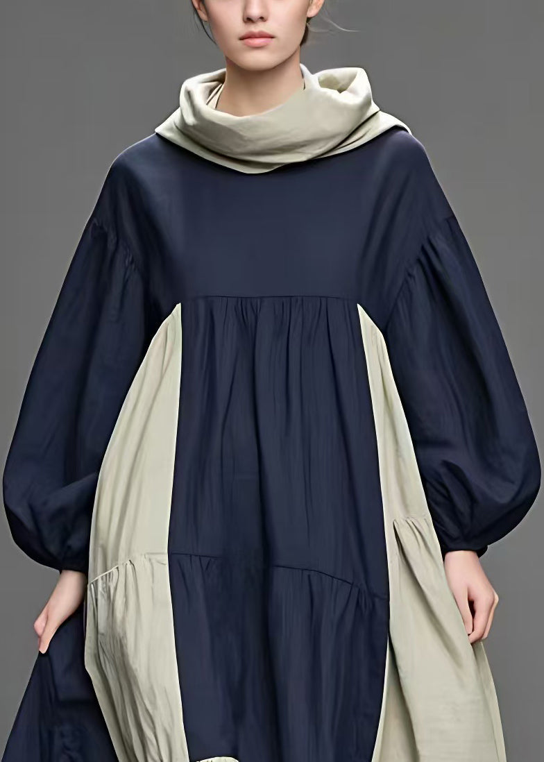 Navy Turtleneck Patchwork Cotton Long Dresses Fall