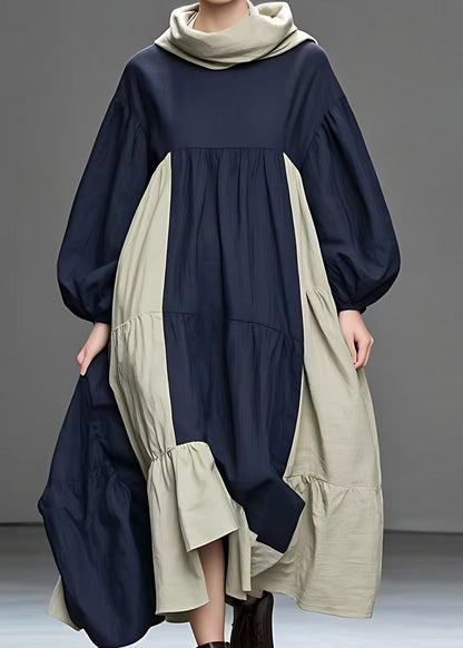 Navy Turtleneck Patchwork Cotton Long Dresses Fall