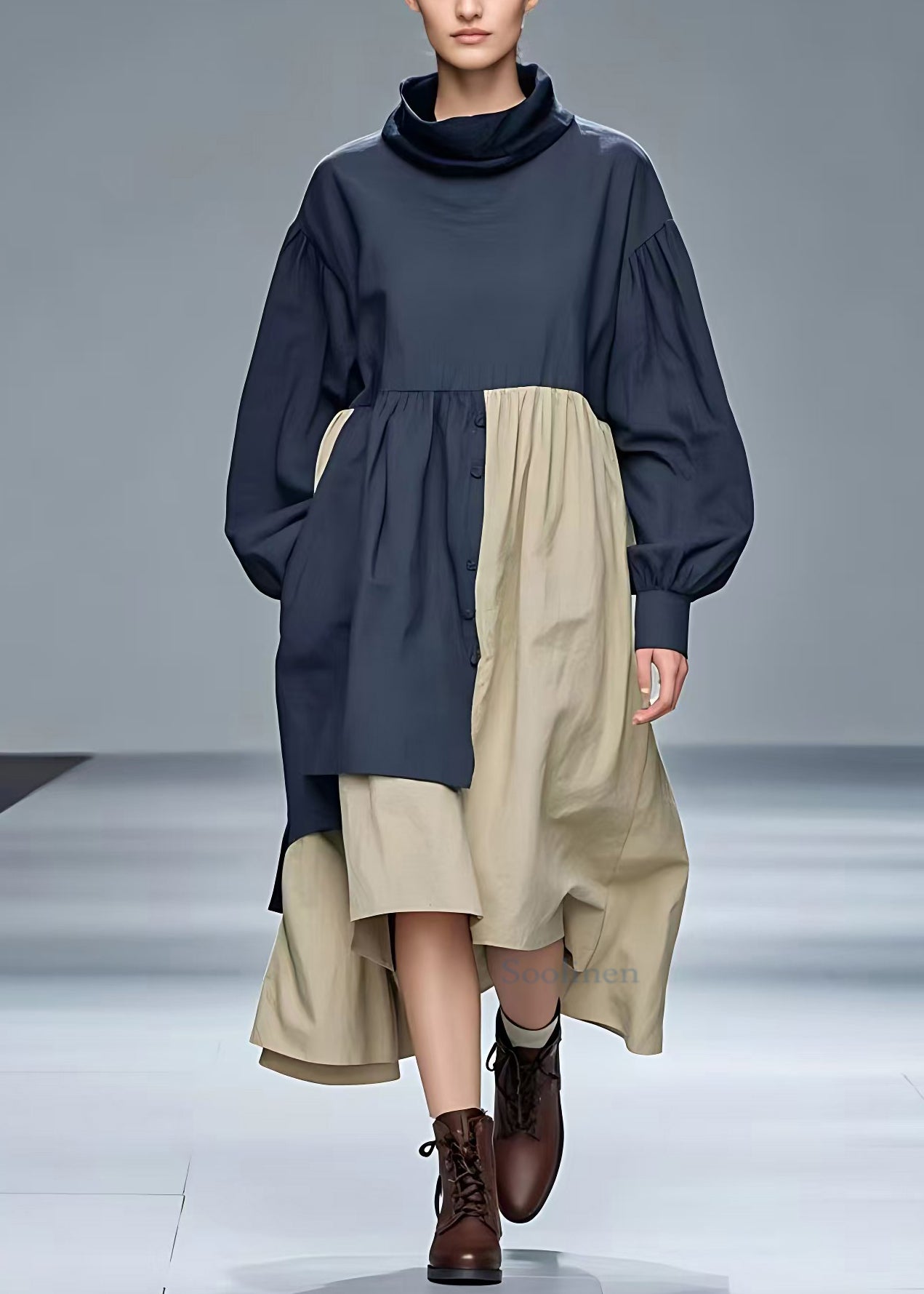Navy Turtleneck Pockets Cotton Dresses Long Sleeve