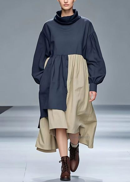 Navy Turtleneck Pockets Cotton Dresses Long Sleeve