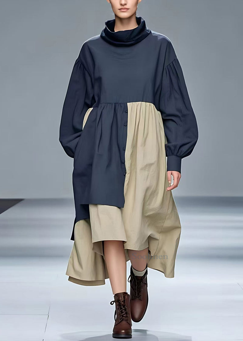 Navy Turtleneck Pockets Cotton Dresses Long Sleeve
