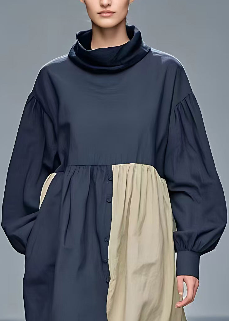 Navy Turtleneck Pockets Cotton Dresses Long Sleeve