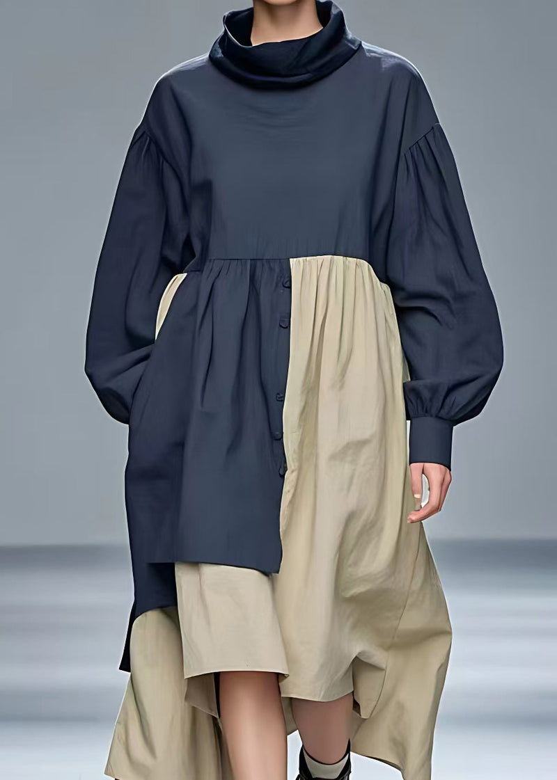 Navy Turtleneck Pockets Cotton Dresses Long Sleeve