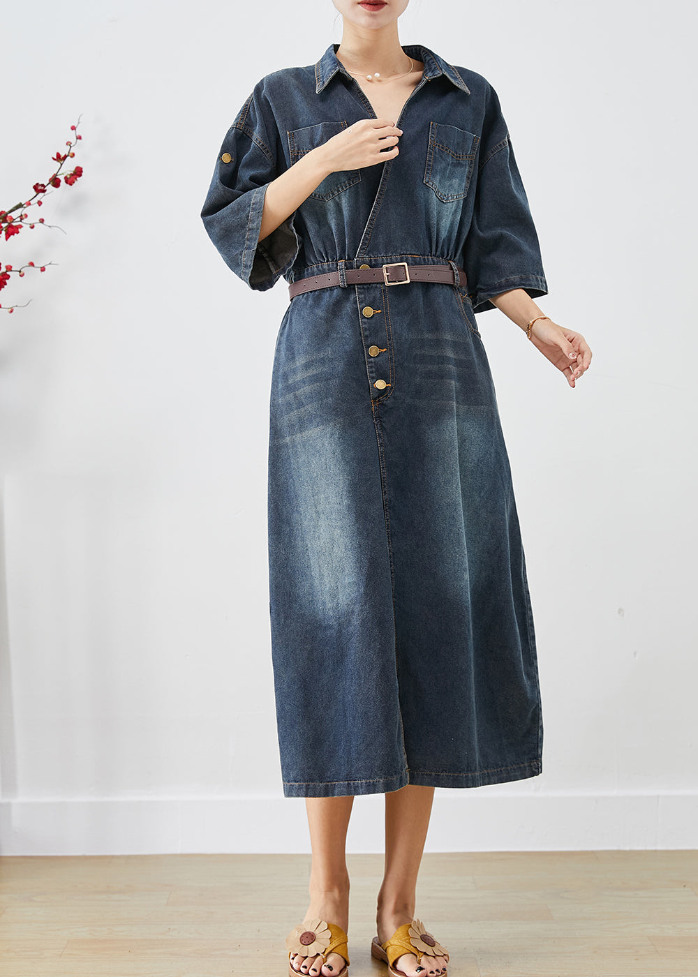 Navy V Neck Denim Holiday Dress Spring
