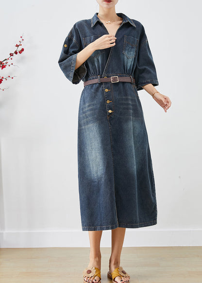 Navy V Neck Denim Holiday Dress Spring