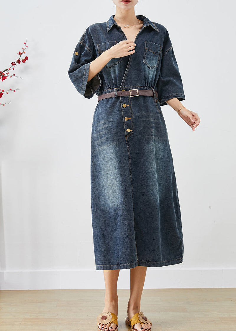Navy V Neck Denim Holiday Dress Spring
