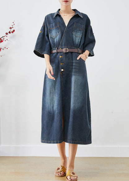 Navy V Neck Denim Holiday Dress Spring