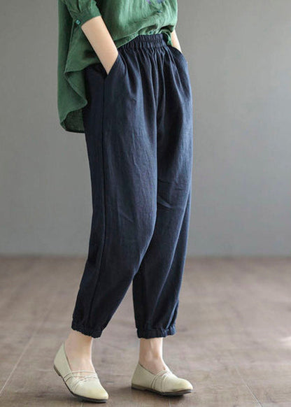 Navy Elastic Waist Harem Cotton Pants Summer