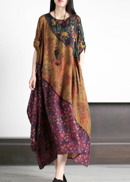 O-neck Asymmetrical Print Silk Long Dresses Spring