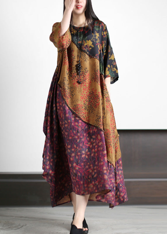 O-neck Asymmetrical Print Silk Long Dresses Spring