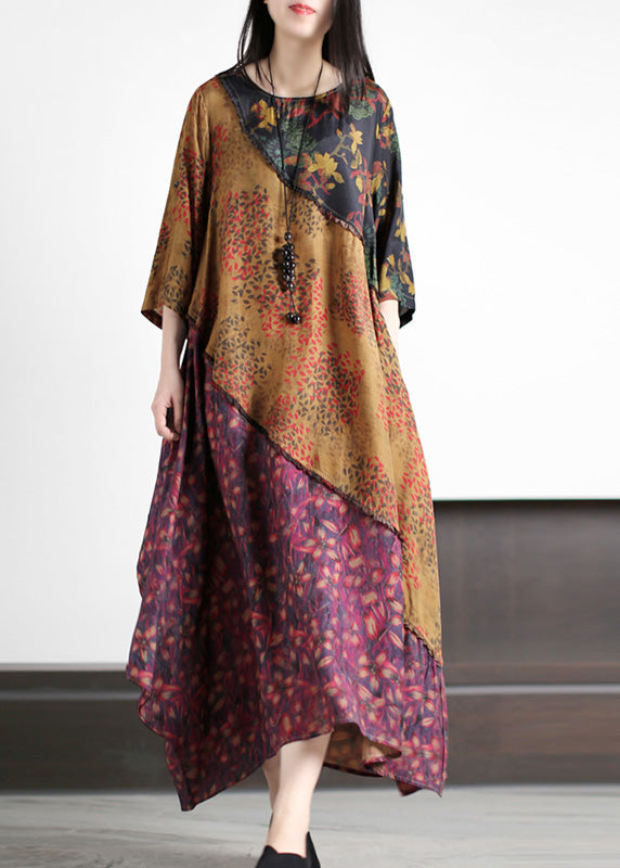 O-neck Asymmetrical Print Silk Long Dresses Spring
