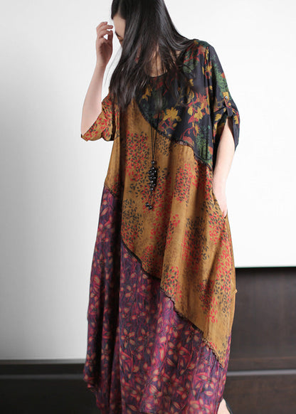 O-neck Asymmetrical Print Silk Long Dresses Spring