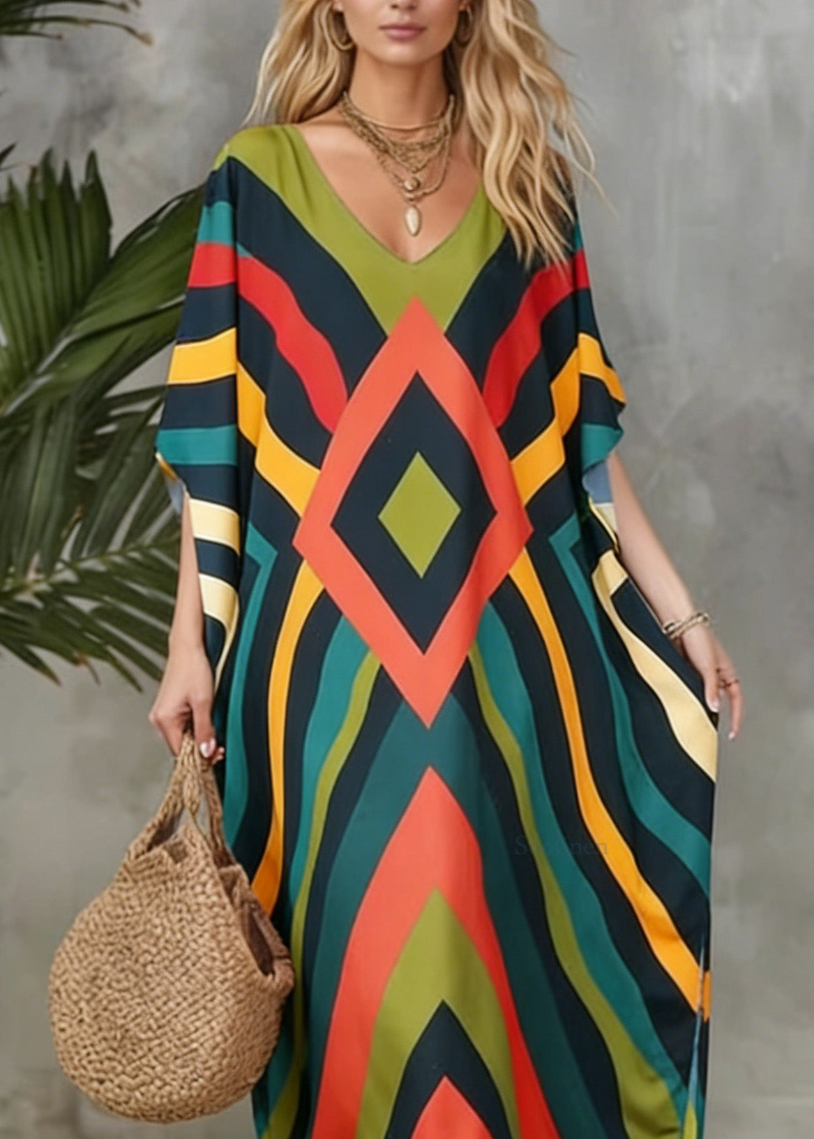 O Neck Geometric Print Cotton Long Dress Spring