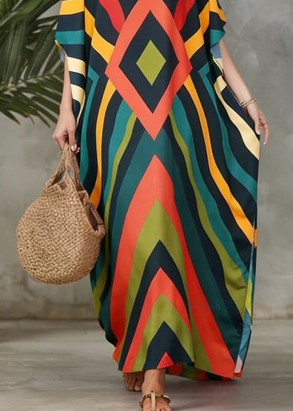 O Neck Geometric Print Cotton Long Dress Spring