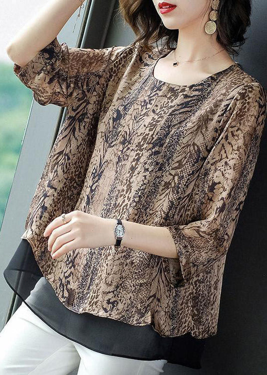 O-neck Organza Patchwork Leopard Chiffon Blouses Summer