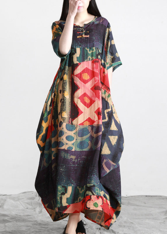 O-neck Print Button Maxi Dress Summer
