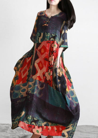 O-neck Print Button Maxi Dress Summer