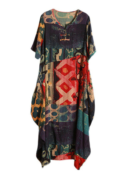 O-neck Print Button Maxi Dress Summer