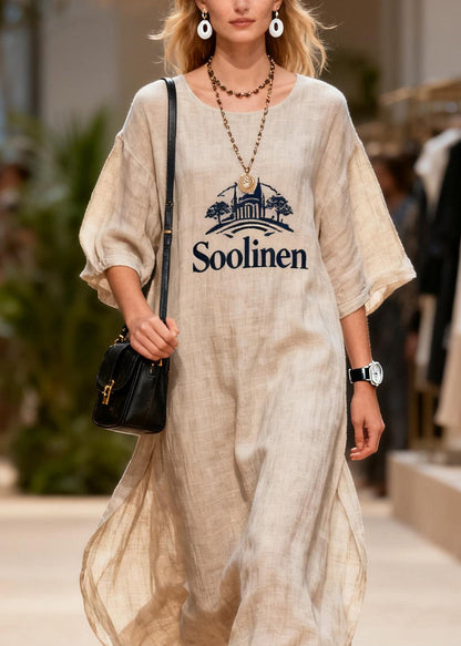 O Neck Print Linen Long Dresses Summer