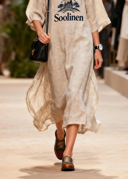 O Neck Print Linen Long Dresses Summer