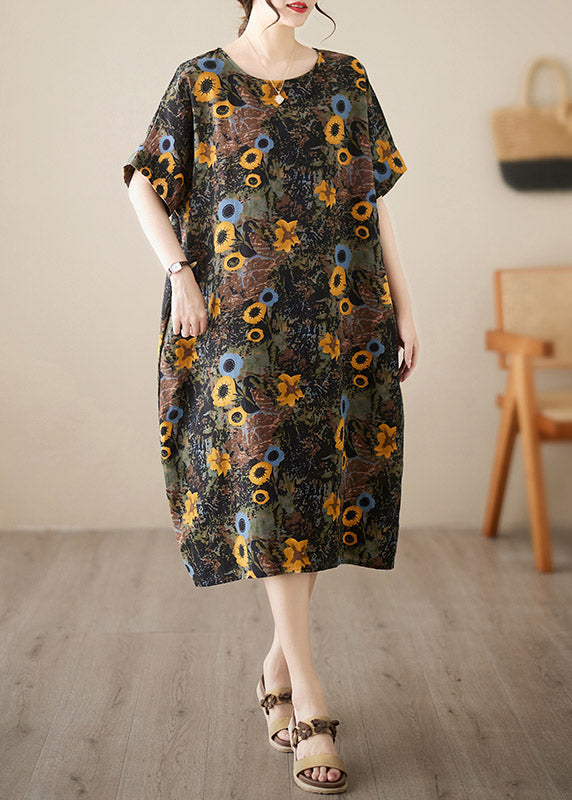 O-neck Print Maxi Dresses Short Sleeve