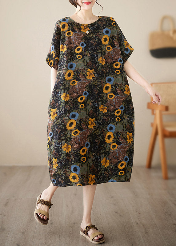 O-neck Print Maxi Dresses Short Sleeve