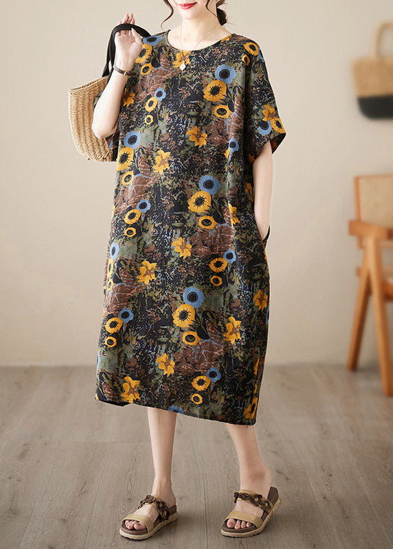 O-neck Print Maxi Dresses Short Sleeve