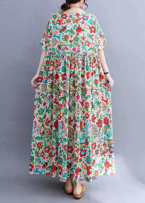 O-neck Print Patchwork Knit Robe Dresses Short Sleeve